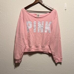 Victoria’s Secret PINK Rare Off Shoulder Baby Pink Logo Sweatshirt Size L Y2K